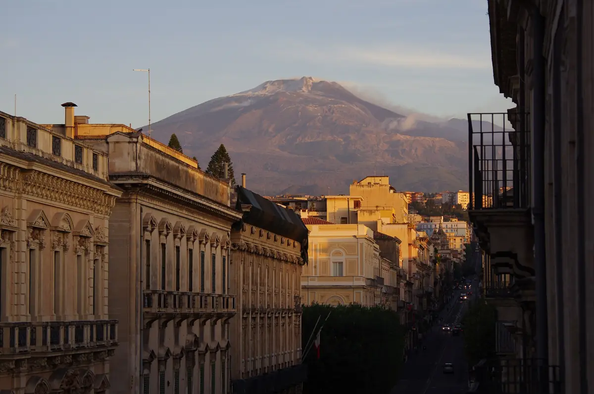 Mount Etna seen from a street in Catania